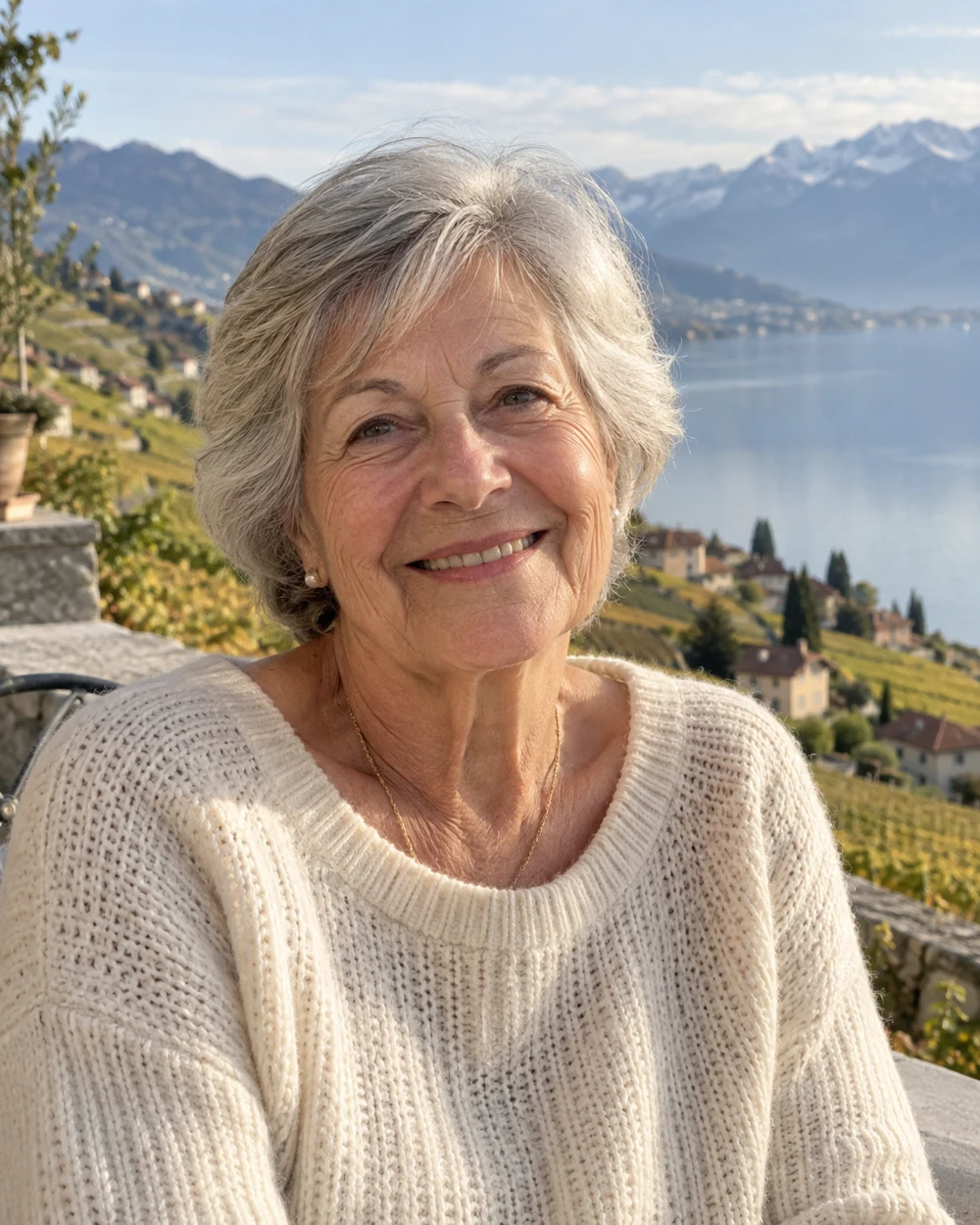 Portrait fictif de Jeanne, souriante, au-dessus du Léman