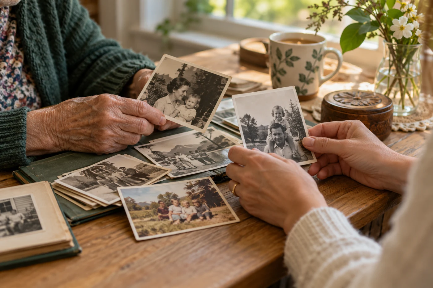 Des mains réunissent des photographies anciennes sur une table